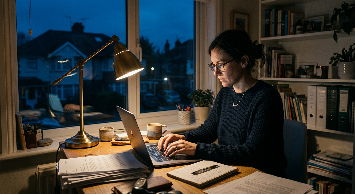 A real estate agent working at a home desk at night, laptop open, lamp lit