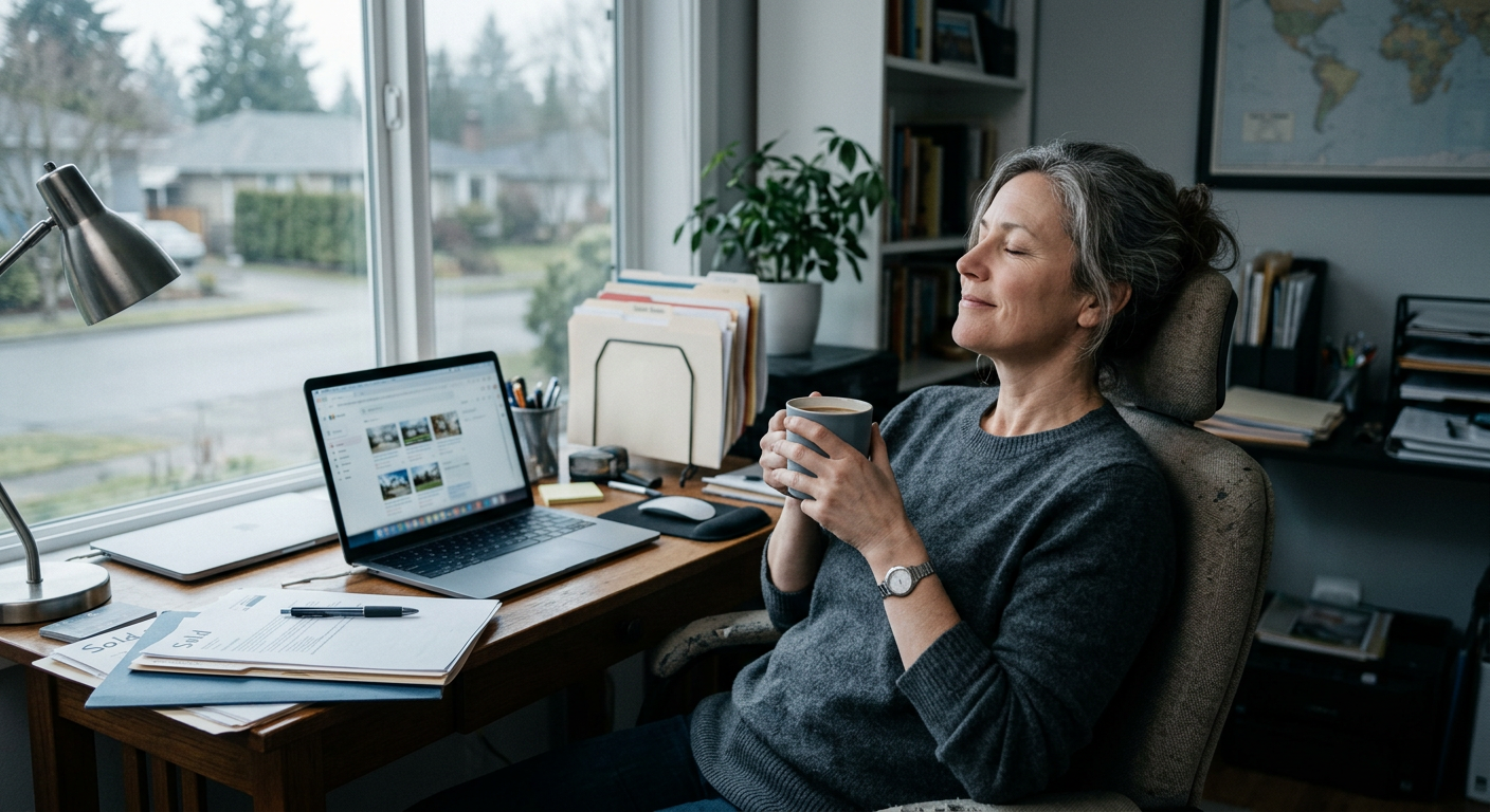 A real estate agent sitting back at their desk with a cup of coffee