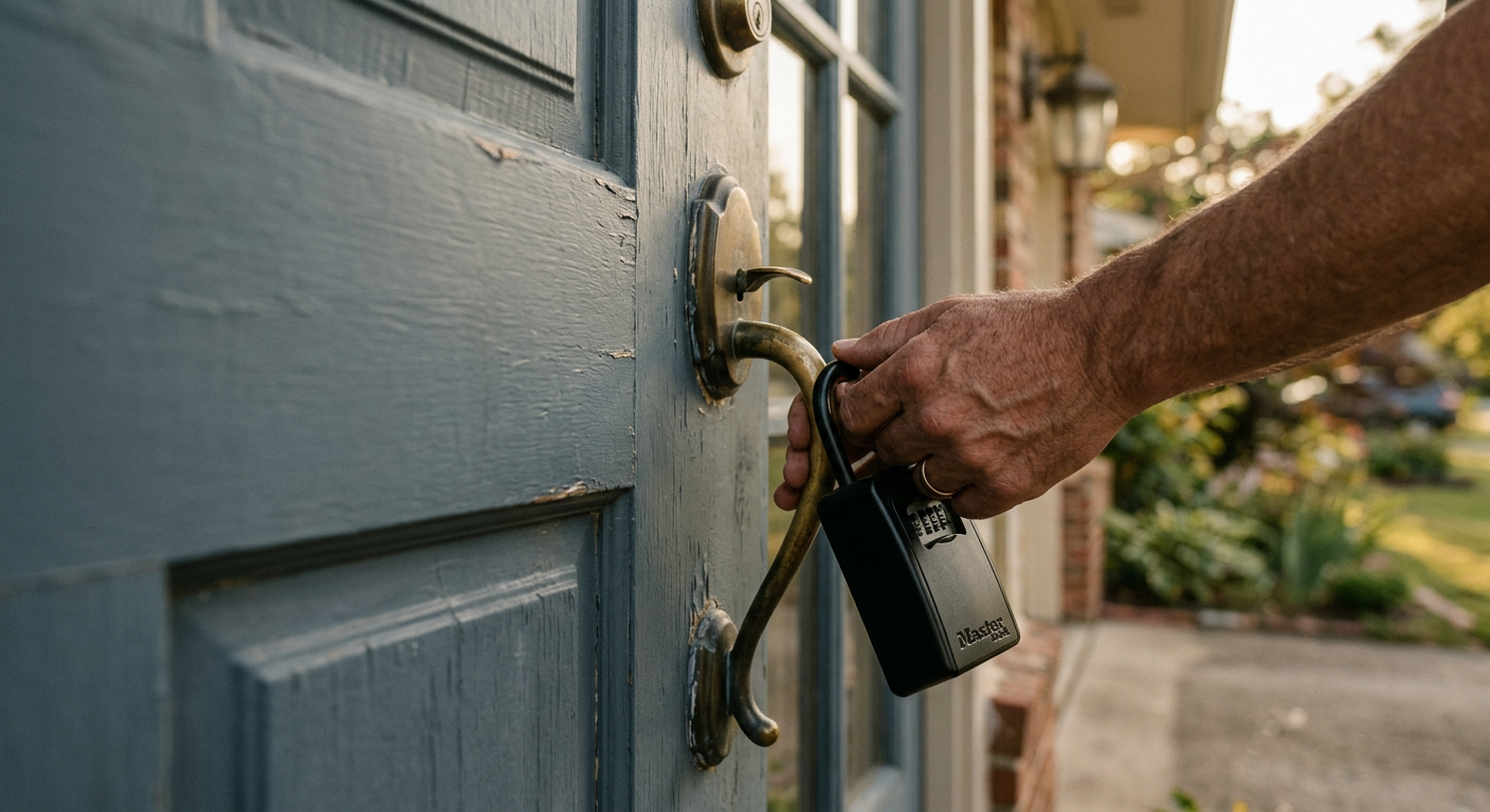 A hand hanging a lockbox on a front door handle
